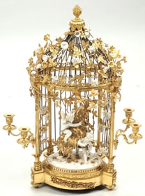 LOUIS XV STYLE ORMOLU & PORCELAIN BIRDCAGE-FORM 4-LT CANDELABRUM, 29.5"H