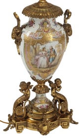 FRENCH SEVRES STYLE ORMOLU-MOUNTED PORCELAIN URN 1-LT TABLE LAMP, 42"H