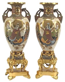 (2) LARGE SATSUMA STYLE ORMOLU-MOUNTED PORCELAIN 'RAKAN' VASES, 32"H