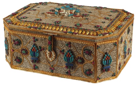 GEM-ENCRUSTED PARCEL-GILT & SILVERED FILIGREE TABLE BOX
