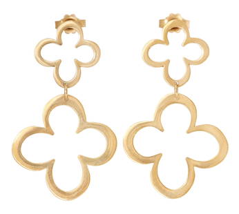 (PAIR) ESTATE L. KLEIN 18KT YELLOW GOLD 'FIORE DOUBLE' EARRINGS: Estate designer 18kt yellow gold "Fiore Double" drop earrings, Lauren Klein Jewelry, for pierced ears, comprised of two graduated quatrefoils, with post and friction backs, hallmarked Italy 750 with m