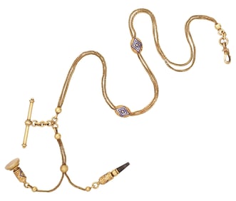 ESTATE VICTORIAN 18KT GOLD & ENAMELED ALBERT POCKET WATCH CHAIN