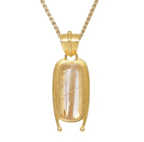 ESTATE 22K GOLD & RUTILATED QUARTZ PENDANT ON 14K GOLD CHAIN