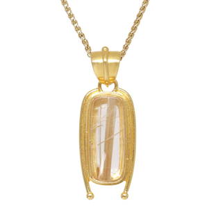 ESTATE 22K GOLD & RUTILATED QUARTZ PENDANT ON 14K GOLD CHAIN: Estate 22kt yellow gold pendant, rectangular cabochon of rutilated quartz, hallmarked 22K, on an Italian 14kt yellow gold chain with lobster claw clasp, hallmarked 14Kt, pendant: approx 1.25"l (m