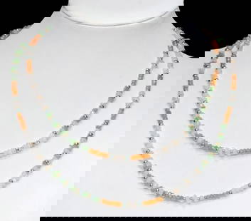 ESTATE 14KT YELLOW GOLD & MULTICOLOR GEMSTONE CHIP & FACETED BEADED NECKLACE: Estate 14kt yellow gold and multicolor gemstone beaded necklace, with faceted white and orange moonstone, aquamarine and green gemstone beads, interspersed with round gold spacers, hallmarked 585 at l