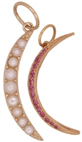(2) ESTATE YELLOW GOLD, PEARL & RUBY CRESCENT MOON PENDANTS