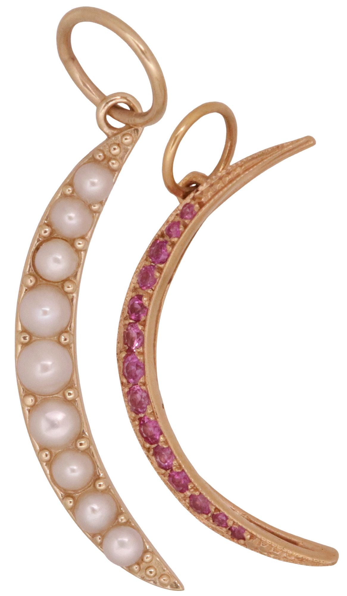 (2) ESTATE YELLOW GOLD, PEARL & RUBY CRESCENT MOON PENDANTS (1 of 4)