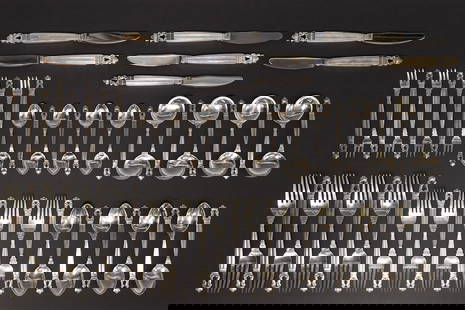 (55) GEORG JENSEN 'ACORN' STERLING SILVER FLATWARE PART SERVICE: (lot of 55) Danish sterling silver flatware partial service, in the "Acorn" pattern, designed by Johan Rohde (1856-1935) for Georg Jensen (1866-1935), assembled, including: (7) hollow handle luncheon
