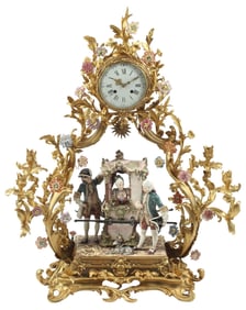 LARGE LOUIS XVI STYLE ORMOLU & PORCELAIN MANTEL CLOCK, 39"H