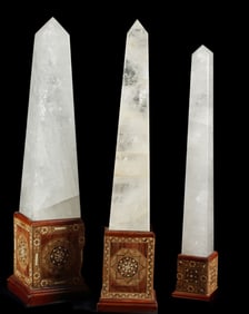 (3) ROCK CRYSTAL OBELISKS ON MOSAIC-INLAID PLINTHS