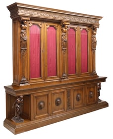 MONUMENTAL ITALIAN RENAISSANCE REVIVAL FIGURAL WALNUT BOOKCASE, 112.5"H