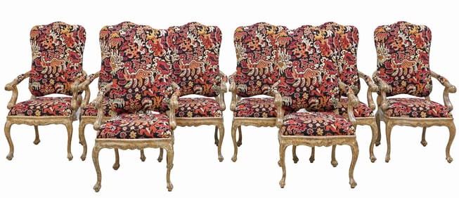 (8) LOUIS XV STYLE UPHOLSTERED DINING ARMCHAIRS