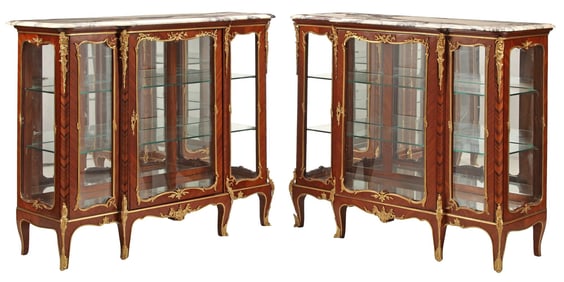 (2) LOUIS XV STYLE MARBLE-TOP & ORMOLU-MOUNTED VITRINE CABINETS