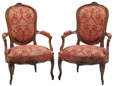 (2) FRENCH LOUIS XV STYLE CARVED WALNUT FAUTEUILS