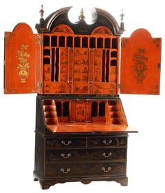 GEORGIAN STYLE BLACK LACQUERED CHINOISERIE SECRETARY BOOKCASE
