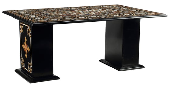 PIETRA DURA SPECIMEN MARBLE DOUBLE PEDESTAL TABLE