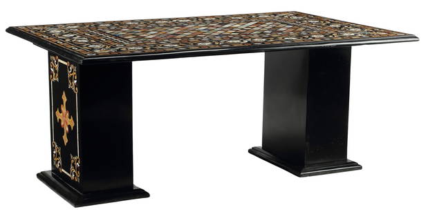 PIETRA DURA SPECIMEN MARBLE DOUBLE PEDESTAL TABLE: Pietra dura specimen marble table, rectangular top on a pair of pedestal supports, approx 30"h, 69.5"w, 47.5"d