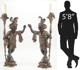 (2) LIFE-SIZE PATINATED BRONZE FIGURAL TORCHIERES, 67"H