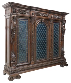 ITALIAN RENAISSANCE REVIVAL WALNUT & STAINED GLASS BOOKCASE