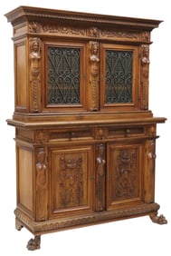 ITALIAN RENAISSANCE REVIVAL FIGURAL CARVED & GLAZED  BOOKCASE