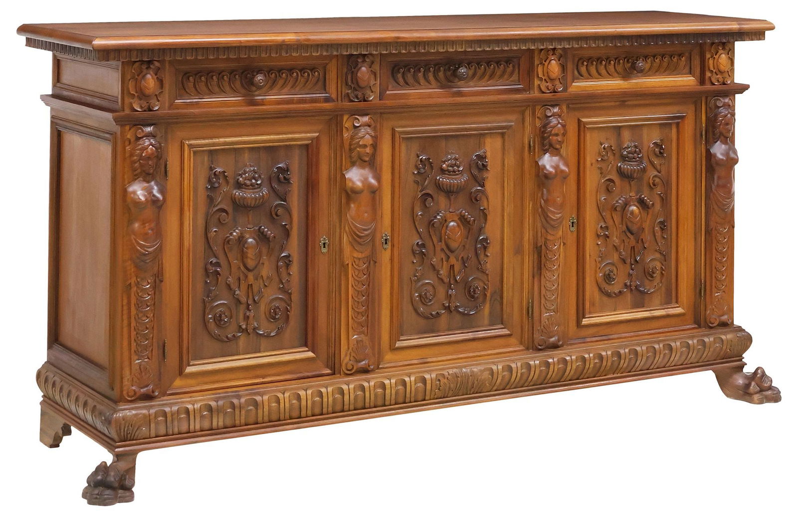 ITALIAN RENAISSANCE REVIVAL FIGURAL CARVED SIDEBOARD: Italian Renaissance Revival figural carved sideboard, early 20th c., rectangular top with molded edge, over three scrollworked drawers, spaced by shield-form cartouches, three cabinet door paneling wi