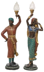 (2) ORIENTALIST STYLE POLYCHROME-PAINTED FIGURAL TORCHIERES, 55"H