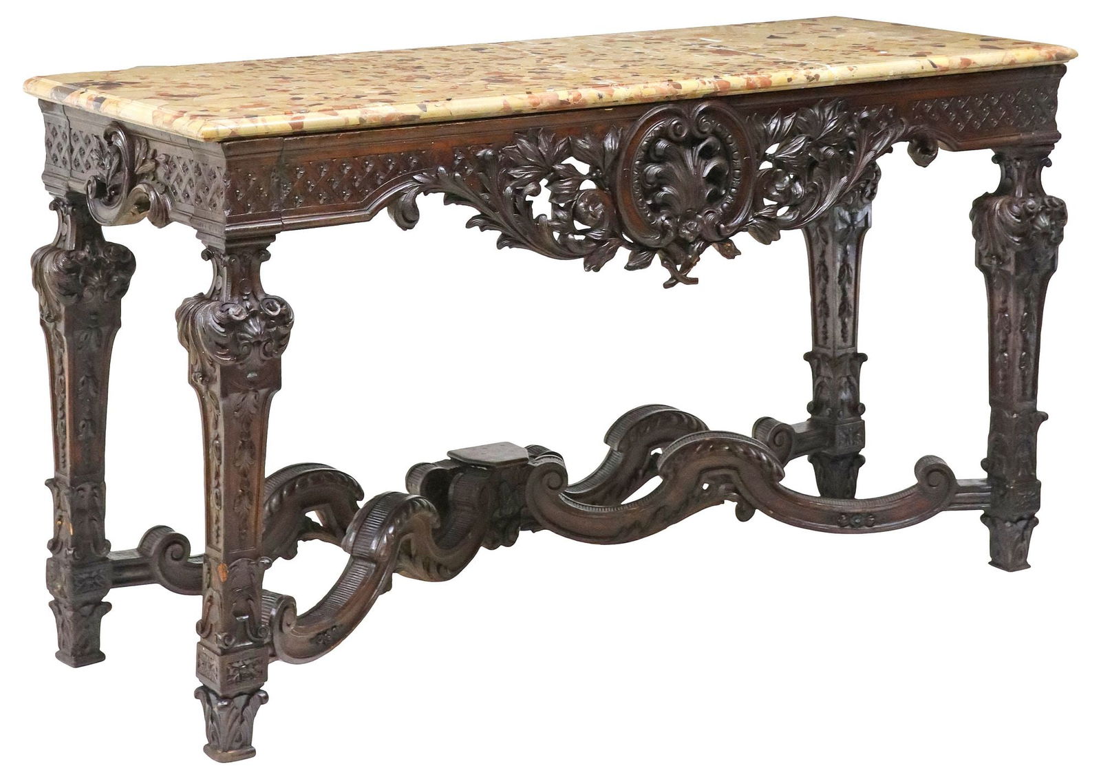 FRENCH LOUIS XIV STYLE MARBLE-TOP CARVED WALNUT SALON TABLE (1 of 4)