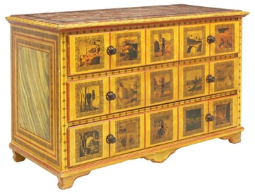 ITALIAN MARBLEIZED & TRANSFER-DECORATED SCENERY PANEL COMMODE