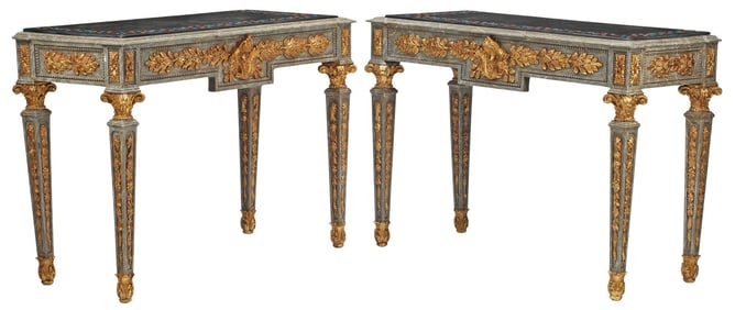(2) NEOCLASSICAL STYLE PARCEL-GILT & PAINTED CONSOLE TABLES