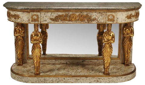 EMPIRE STYLE GRANITE-TOP PARCEL-GILT DEMILUNE CONSOLE TABLE