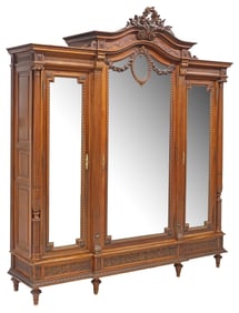 LARGE FRENCH LOUIS XVI STYLE MIRRORED WALNUT ARMOIRE, 108.5"H