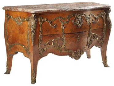 FRENCH LOUIS XV STYLE ORMOLU-MOUNTED MARQUETRY BOMBE COMMODE