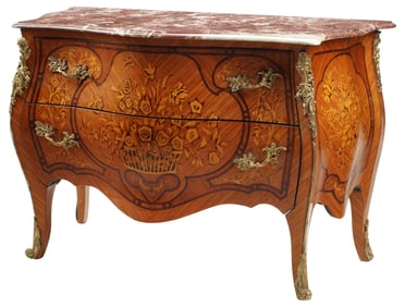 LOUIS XV STYLE MARBLE-TOP FLORAL MARQUETRY BOMBE COMMODE