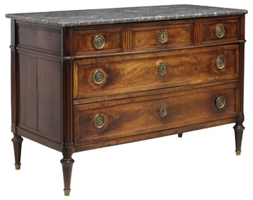 FRENCH LOUIS XVI STYLE MARBLE-TOP WALNUT COMMODE