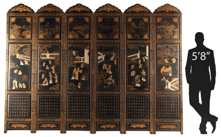 CHINESE BLACK LACQUERED SIX-PANEL FOLDING SCREEN, 90"H
