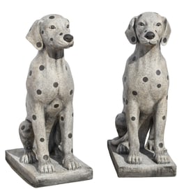 (2) CARVED GRANITE & INSET MARBLE SEATED DALMATIANS