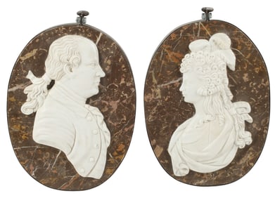 (2) WHITE & POLYCHROME MARBLE RELIEF PORTRAIT PANELS