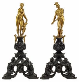 (2)  LARGE NEOCALSSICAL STYLE PATINATED & GILT BRONZE CHENETS, 35"H