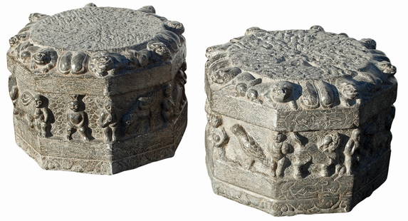 CHINESE CARVED STONE OCTAGONAL COLUMN BASES: (pair) Chinese carved stone octagonal column bases/ garden seats, approx 13"h, 19"diam