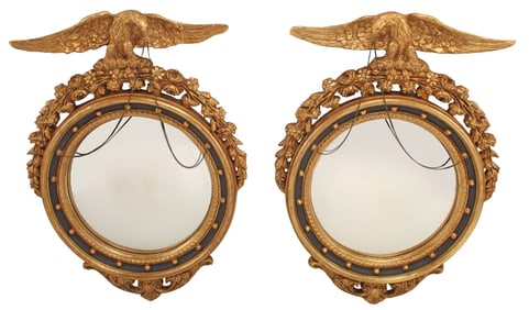 (2) LARGE REGENCY STYLE PARCEL GILT & EBONIZED EAGLE CONVEX MIRRORS, 40" X 30"