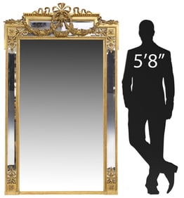 FRENCH LOUIS XVI STYLE GILTWOOD PARCLOSE MIRROR, 73.5" X 44 1/8"