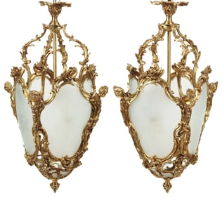 (2) LARGE LOUIS XV STYLE ORMOLU & ETCHED GLASS LANTERNS, 38"H