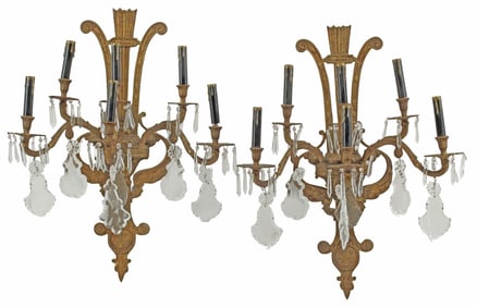 (2) NEOCLASSICAL BRONZE & CRYSTAL SIX-LIGHT SCONCES