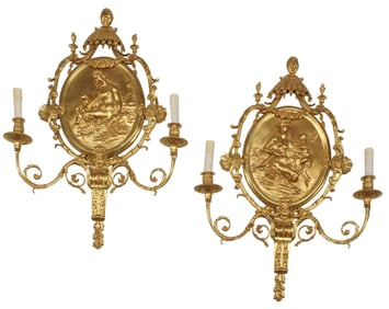 (2) REGENCE STYLE ORMOLU RELIEF PLAQUE 2-LIGHT WALL SCONCES, 29"H