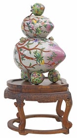 MONUMETAL CHINESE CLOISONNE ENAMELED PEACH CENSER ON STAND, 49.25"H