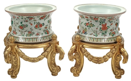 (2) CHINESE EXPORT PORCELAIN PLANTERS ON GILT STANDS