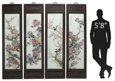 (4) FRAMED CHINESE ENAMELED PORCELAIN PLAQUES, 77" X 20.5"