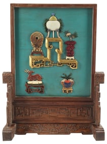 LARGE CHINESE PARCEL GILT LACQUER & HARDSTONE-EMBELLISHED TABLE SCREEN, 40"H