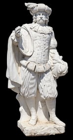 LARGE CAST STONE GARDEN STATUE, MERCHANT, 55"H