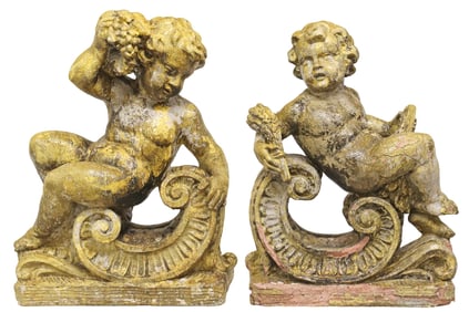 (2) LARGE CONTINENTAL CAST STONE GARDEN PUTTI WITH WHEAT & GRAPES, 30"H